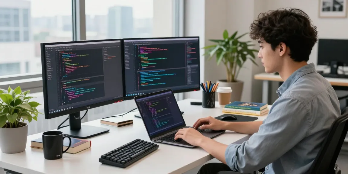 Experience the innovative Telegram Download process in a vibrant tech workspace, with a developer coding on dual monitors surrounded by modern tools.
