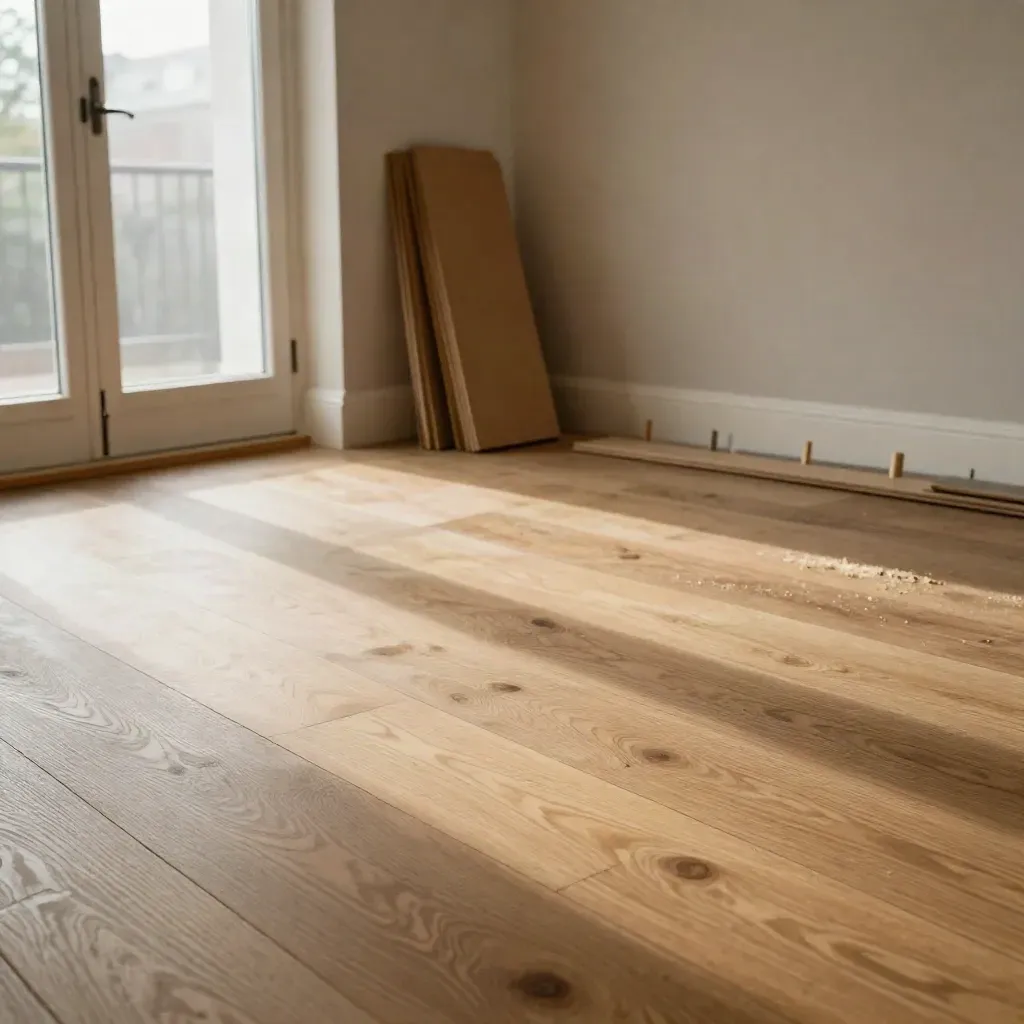 Nylagda ekgolv i ljust vardagsrum med plankpaket, distanskilar och sågspån vid altandörren.