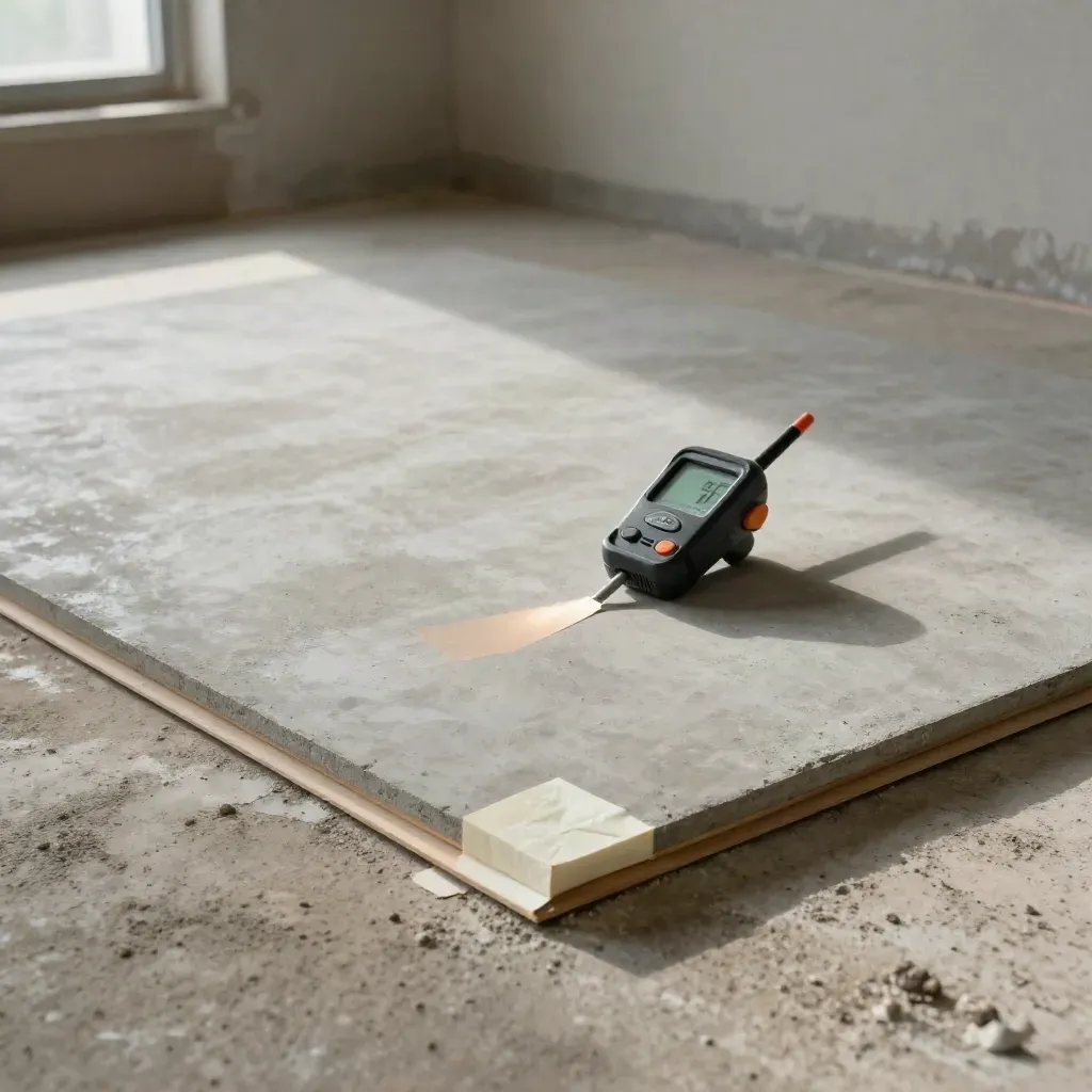 Fuktmätning på betonggolv med underlagsprover och lagad yta i en stilla källare.