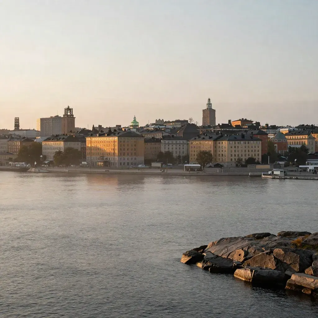 Stockholms skyline i kvällsljus över vatten och klippor med mjuk disig horisont