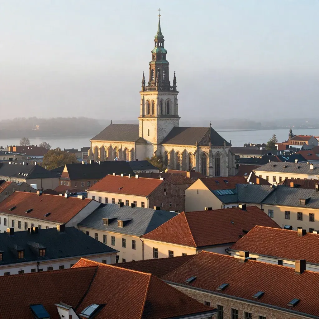 Uppsala domkyrka över dimma och tegeltak i gyllene morgonljus