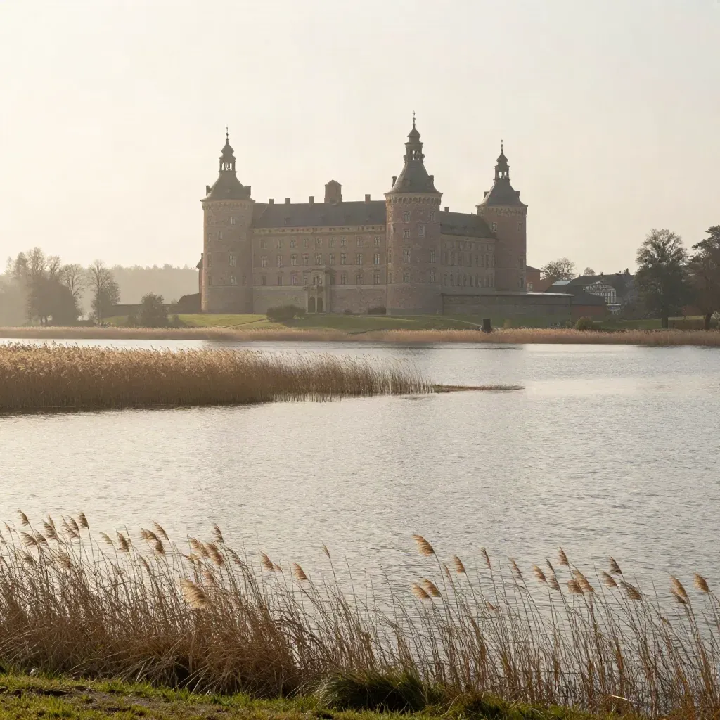 Gripsholm slott över Mälaren i morgondimma med vass och stilla vatten